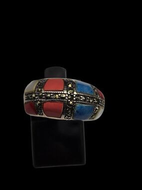925 Sterling Silver Color Block Marcasite Dome Ring 925 6.75